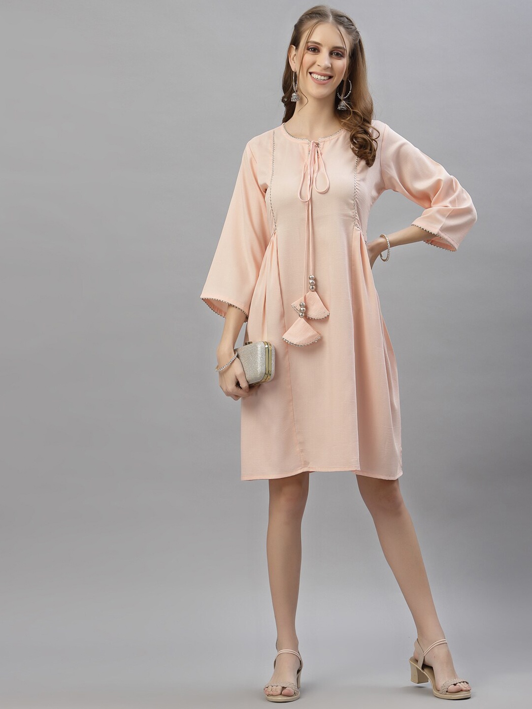 

KALINI Tie-Up Neck Cotton A-Line Dress, Peach