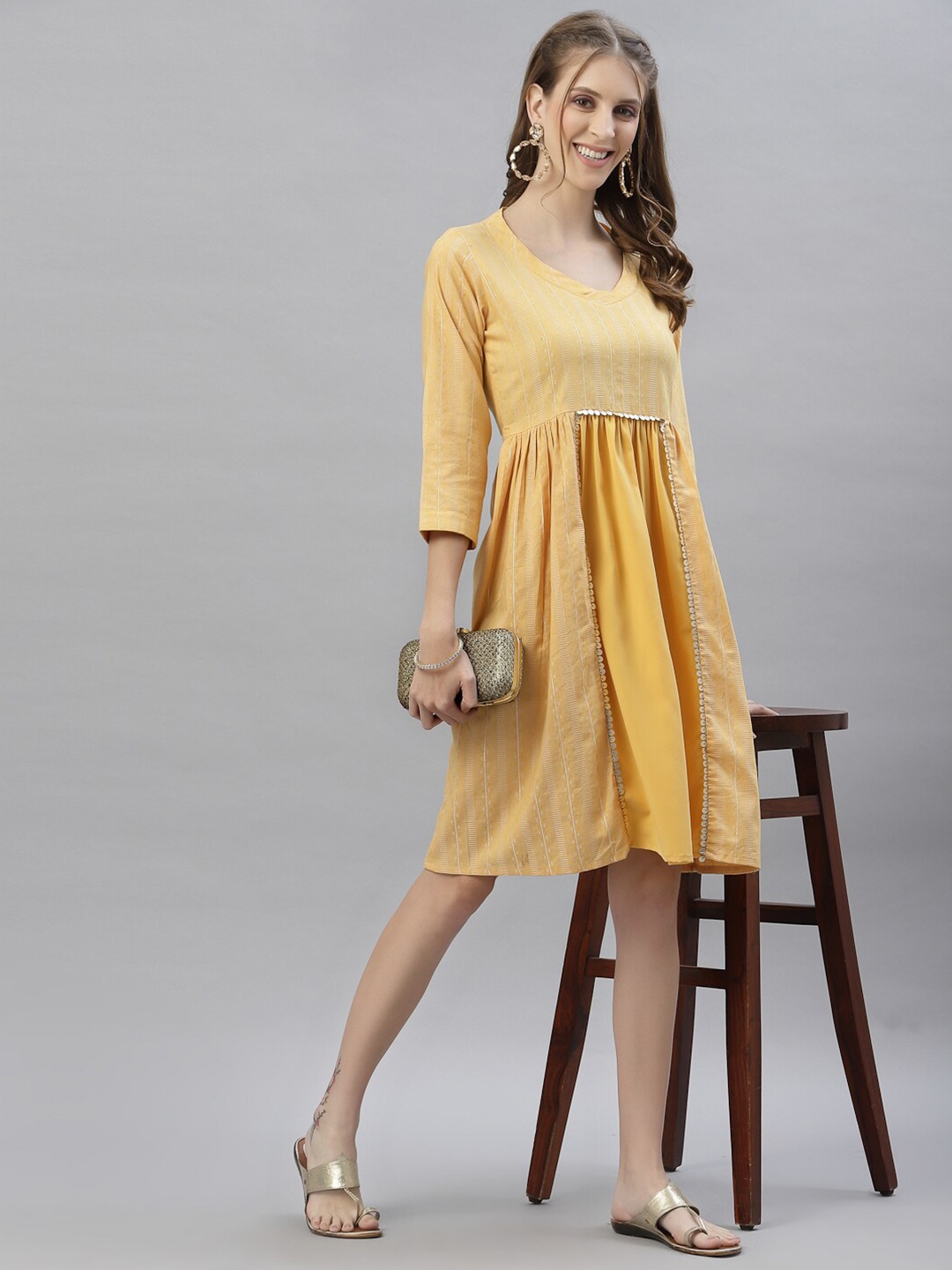 

KALINI Striped Cotton A-Line Dress, Mustard