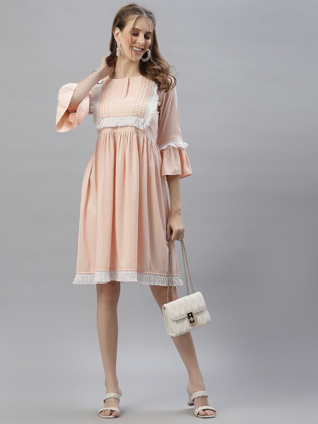 

KALINI Bell Sleeves Cotton Empire Dress, Peach