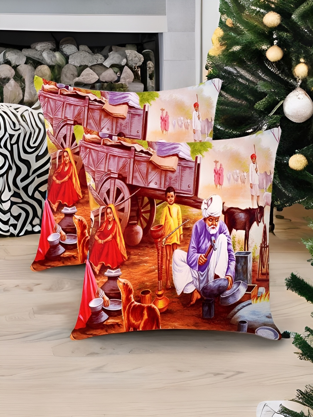 

First Row Brown & White 2 Pieces Abstract Cotton Silk Square Cushion Covers