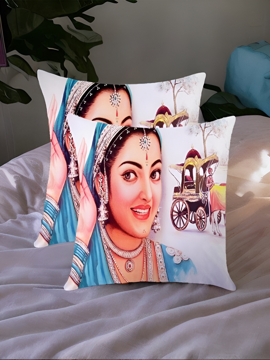 

First Row White & Blue 2 Pieces Ethnic Motifs Cotton Silk Square Cushion Covers