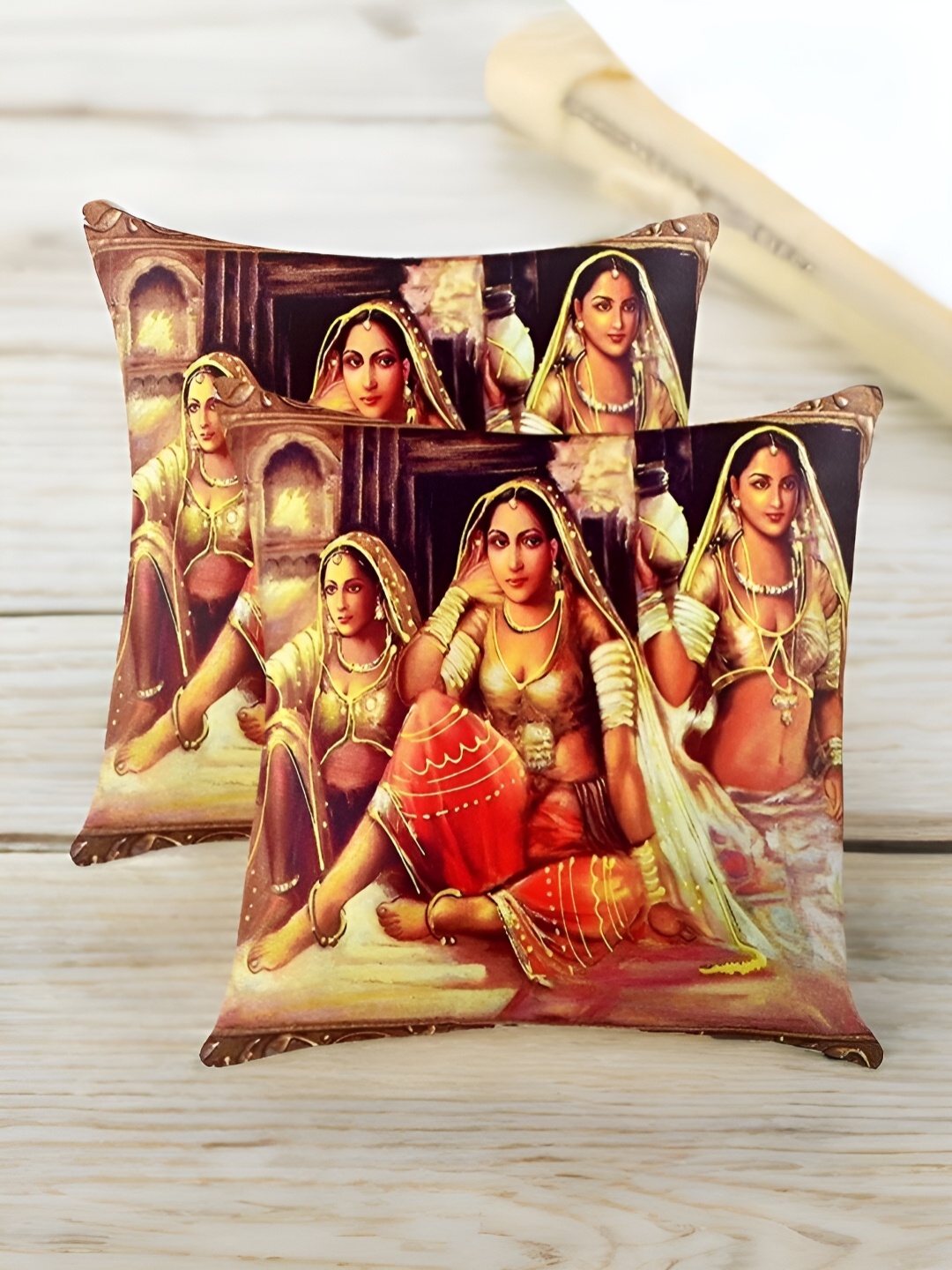 First Row Brown & Cream 2 Pieces Self Design Square Cushion Covers