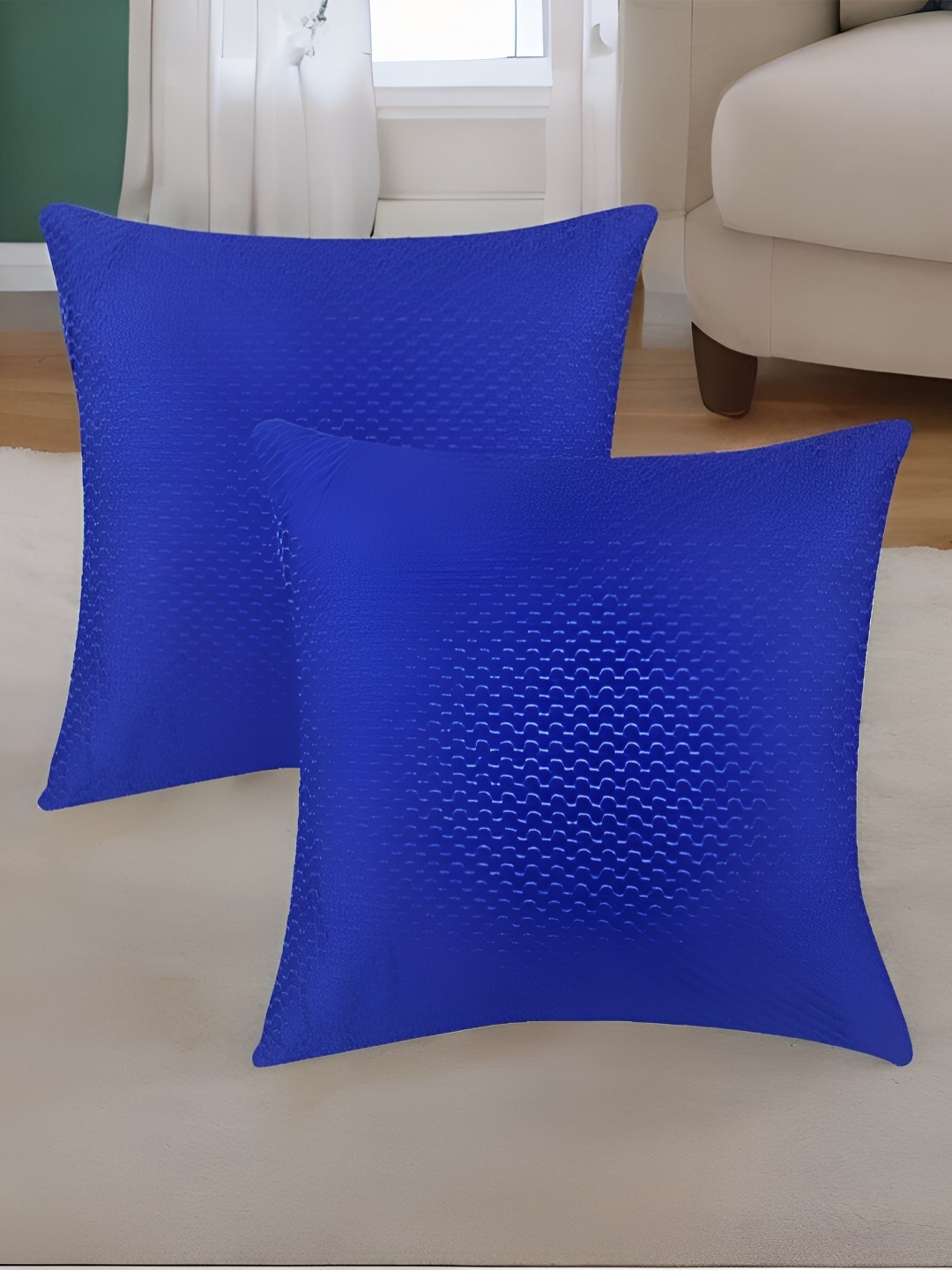 

First Row Blue 2 Pieces Self Design Square Cotton Cushion Covers