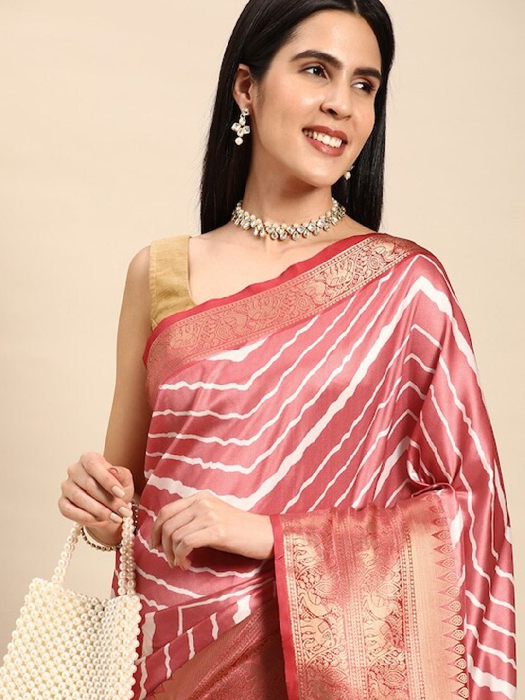 

PATLIPALLU Leheriya Striped Zari Banarasi Saree, Peach
