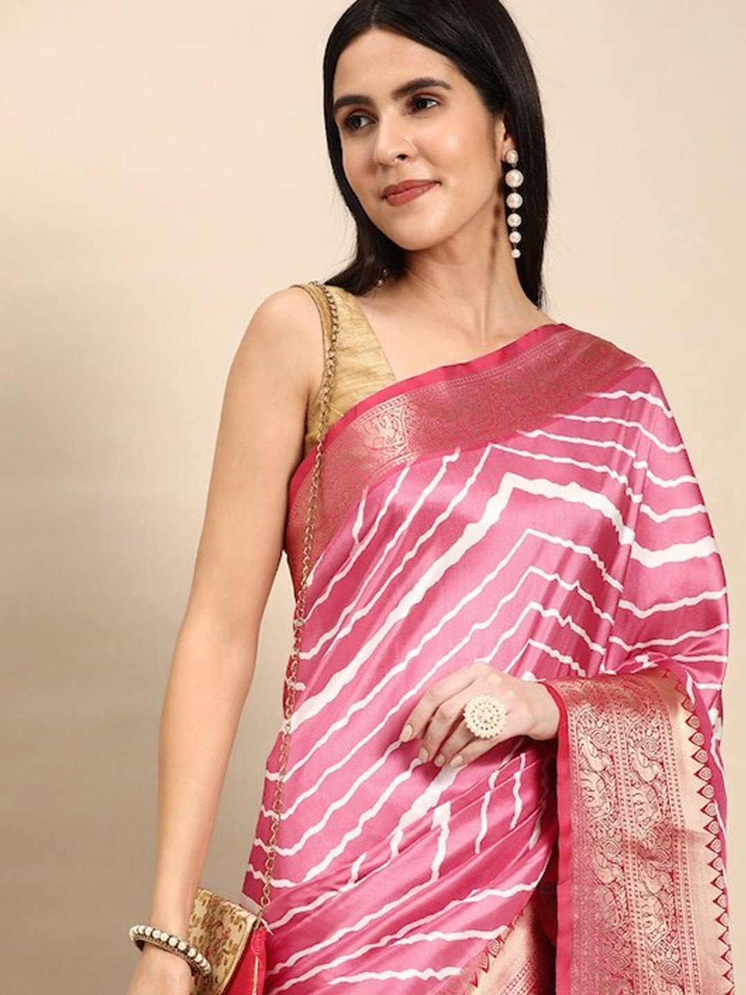 

PATLIPALLU Leheriya Striped Zari Banarasi Saree, Pink