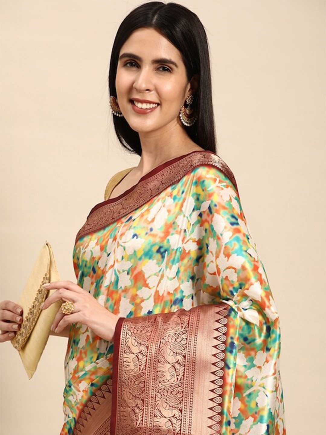 

PATLIPALLU Floral Printed Zari Banarasi Saree, Lime green