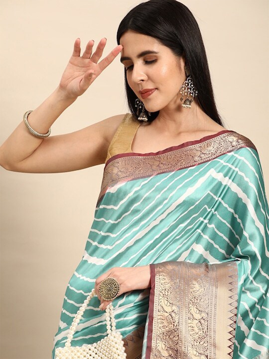 

PATLIPALLU Leheriya Striped Zari Banarasi Saree, Blue
