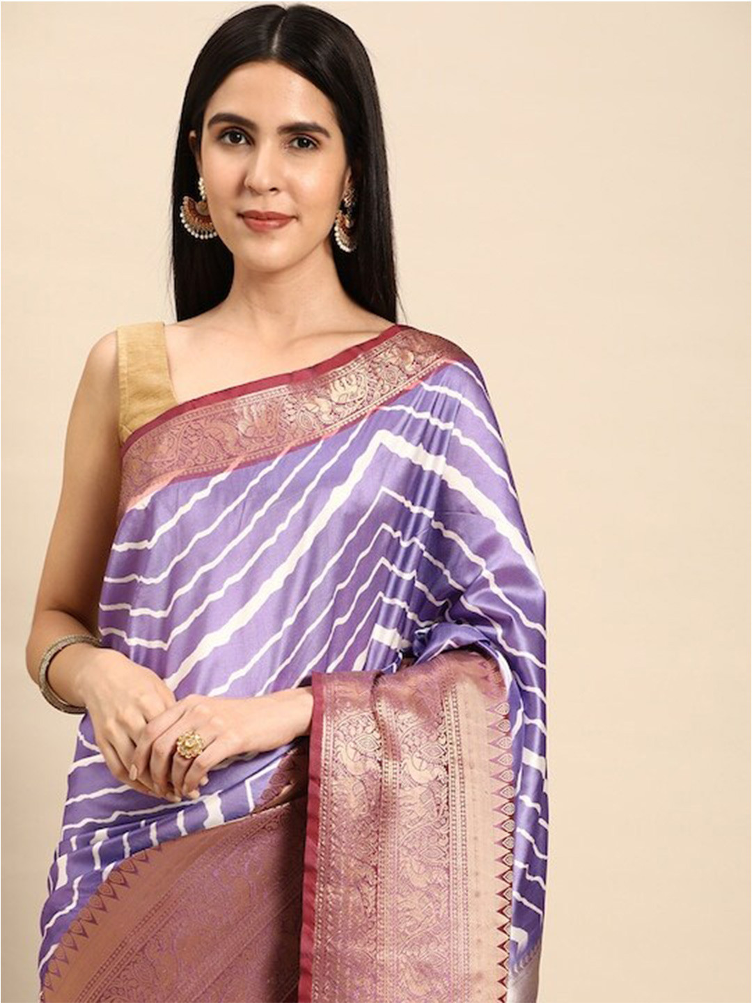 

PATLIPALLU Leheriya Striped Zari Banarasi Saree, Purple
