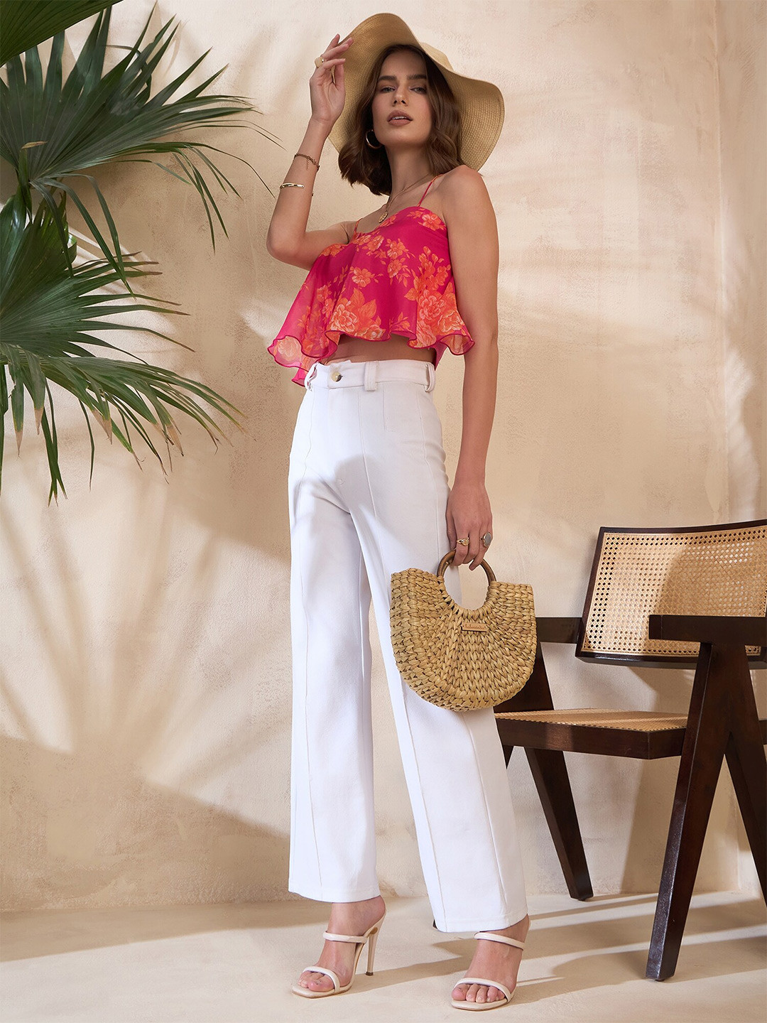 

KASSUALLY Shoulder Straps Floral Print Crop Top, Pink