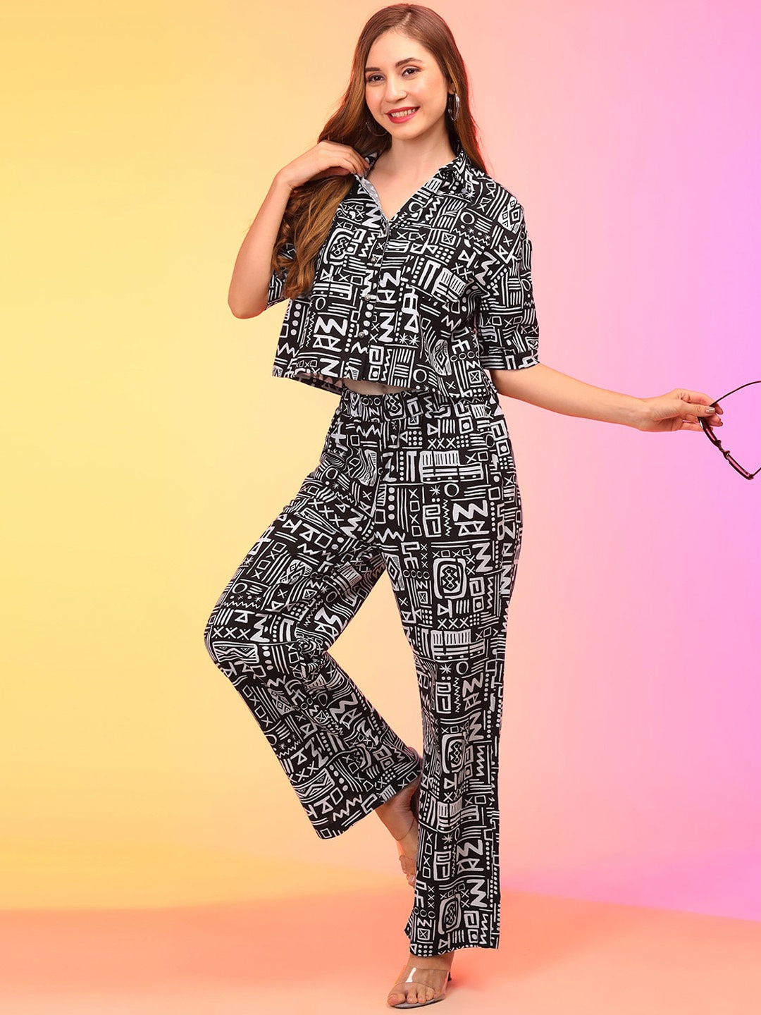 

Globus Abstract Print Boxy Shirt & Trouser Co-Ord Set, Black