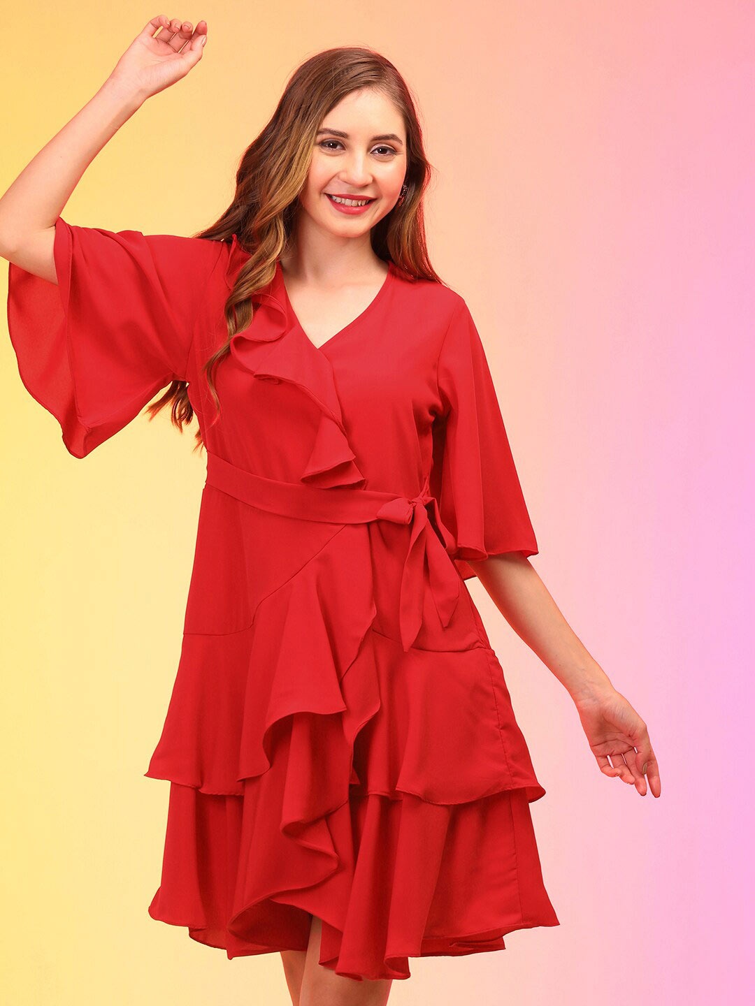 

Globus Red V-Neck Flared Sleeve Asymmetric Ruffled Crepe Dress