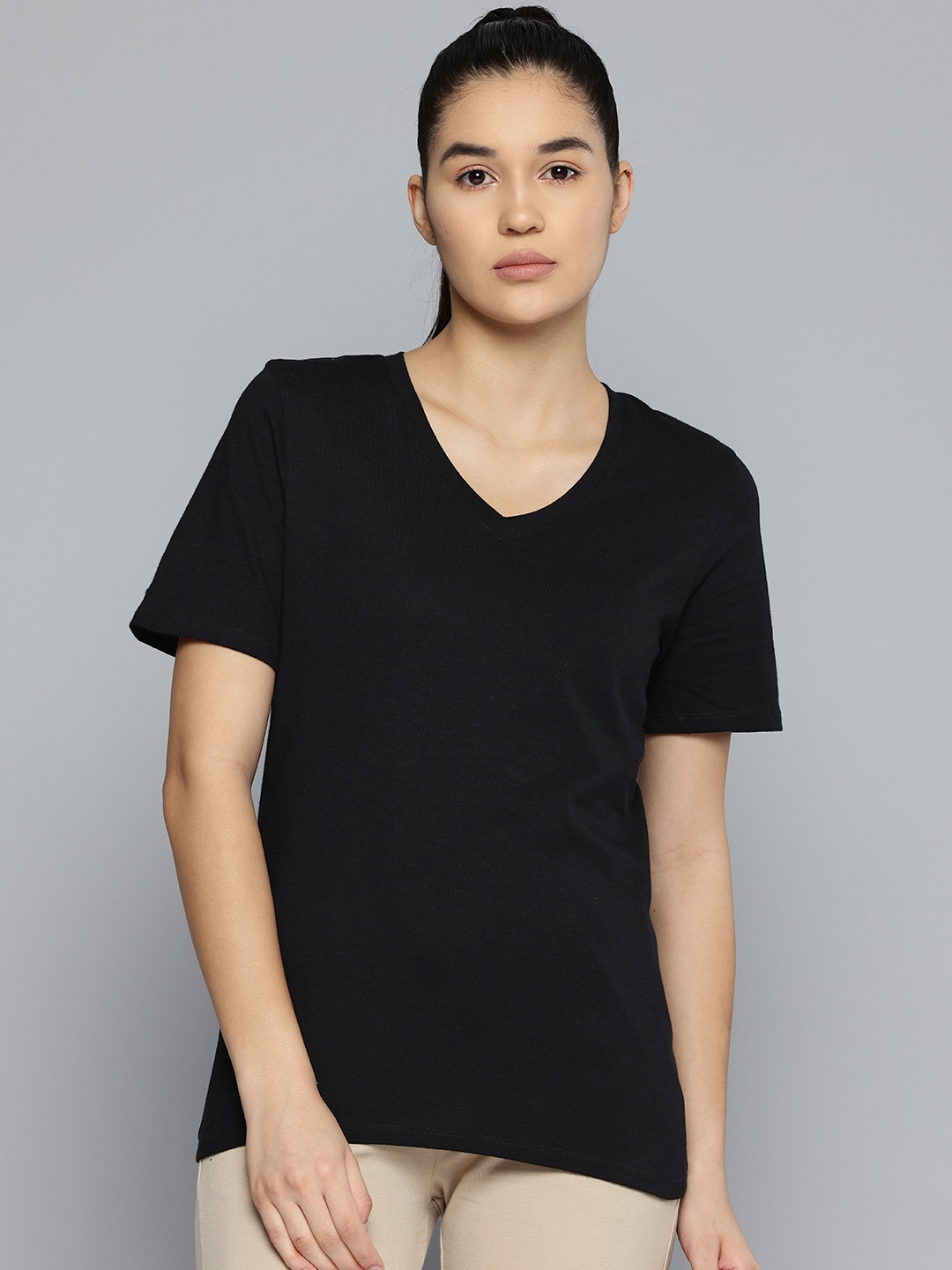 

Domyos By Decathlon Women V-Neck Pure Cotton T-shirt, Black