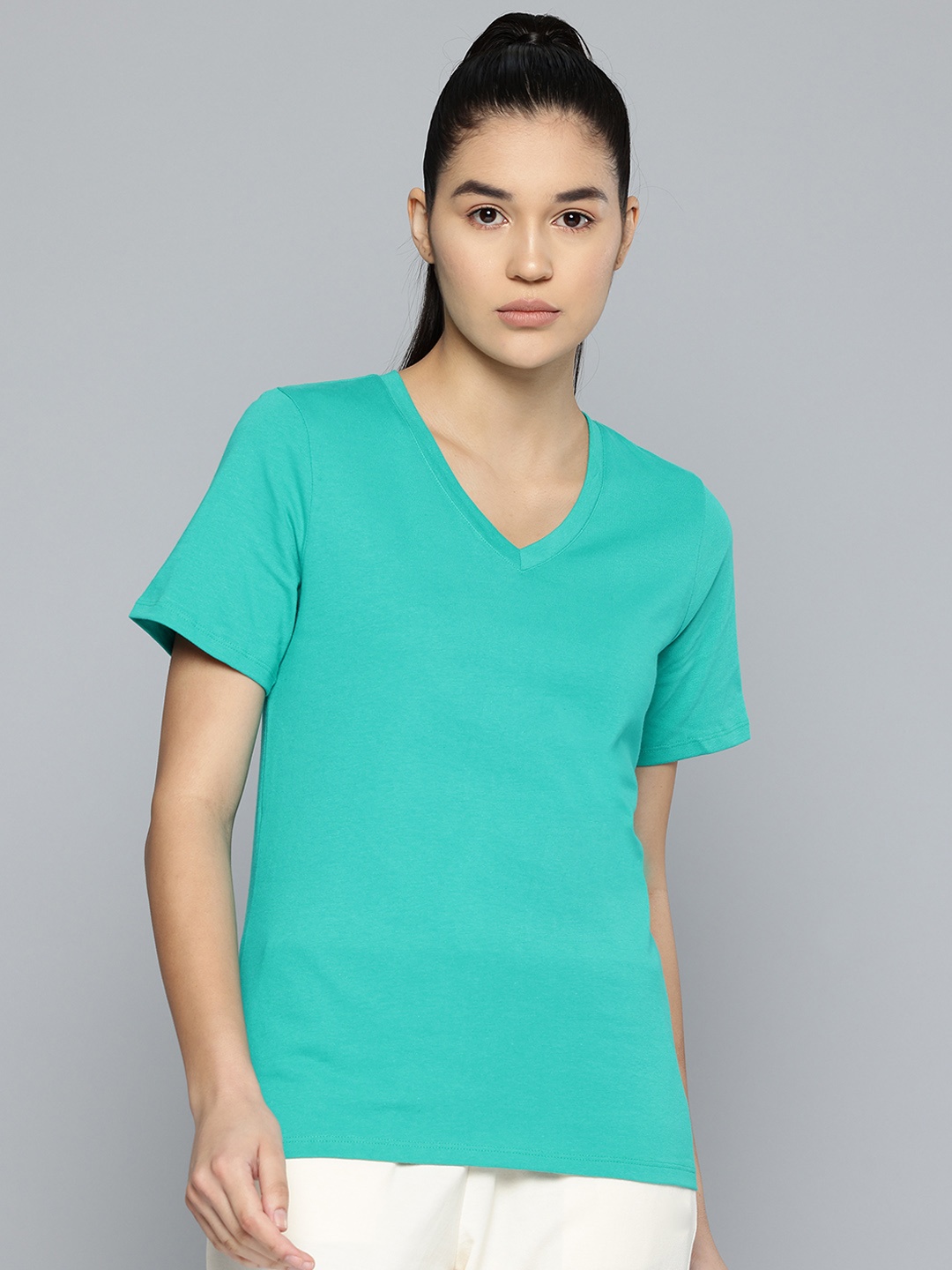 

Domyos By Decathlon Women V-Neck Pure Cotton T-shirt, Green