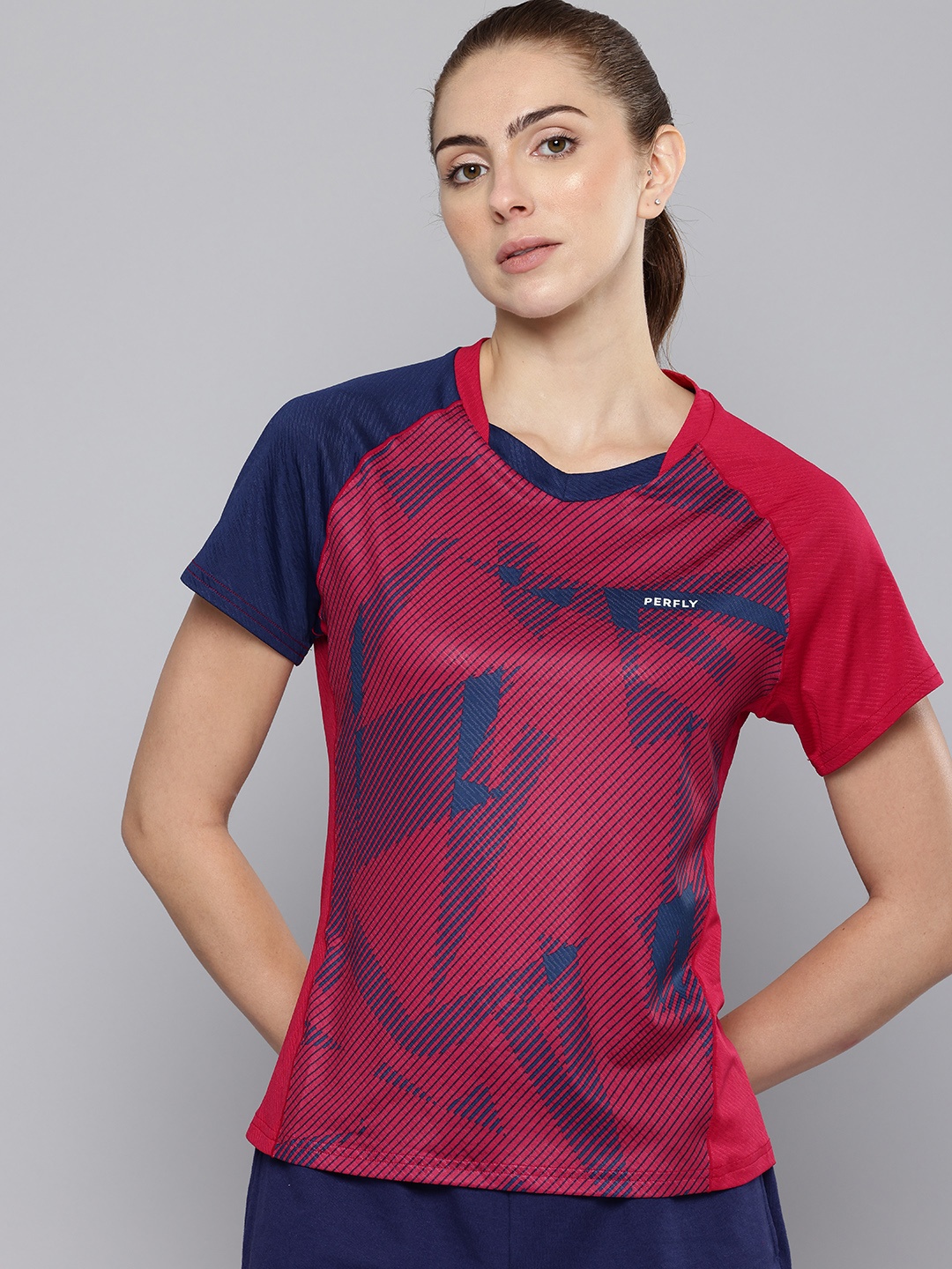 

PERFLY By Decathlon Printed V-Neck Badminton Sports T-shirt, Navy blue