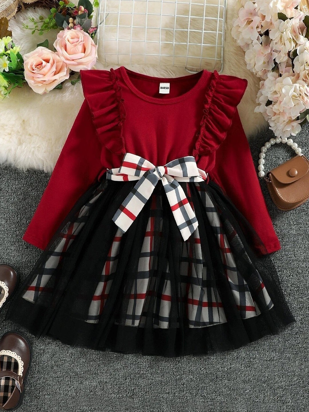 

BAESD Girls Printed Round Neck Long Sleeves Fit & Flare Dress, Maroon