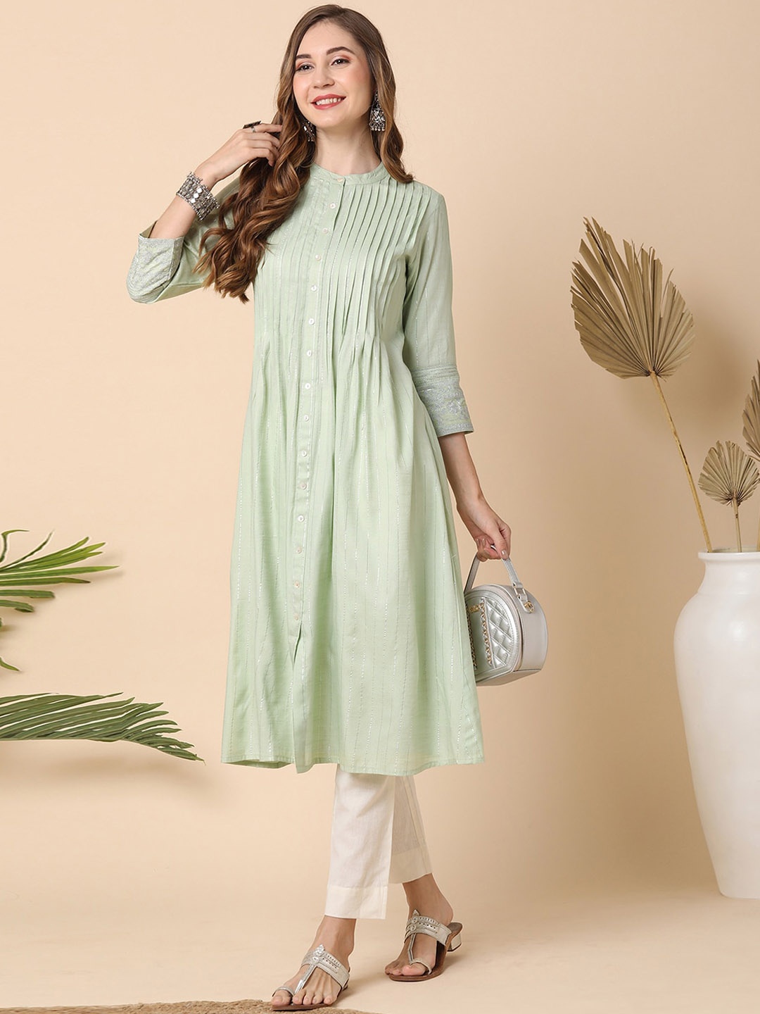 

Globus Sea Green Striped Thread Work Pleated A-Line Kurta