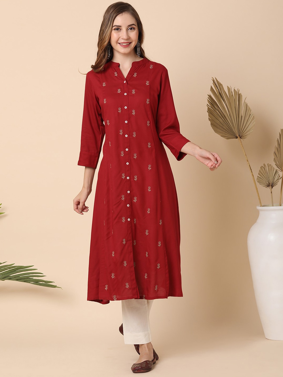 Globus Women Maroon Mandarin Neck Floral Embroidered Panelled A-Line Workwear Kurta