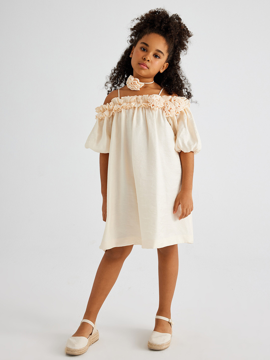 

Koton Girls Off-Shoulder Cold-Shoulder A-Line Dress, Orange