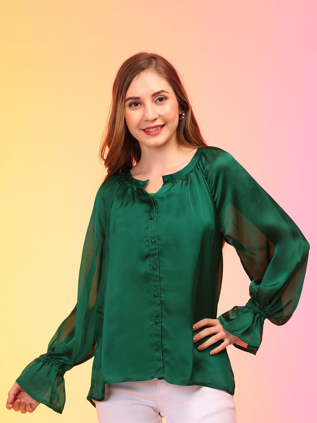 

Globus Round Neck Raglan Sleeves Shirt Style Party Top, Green