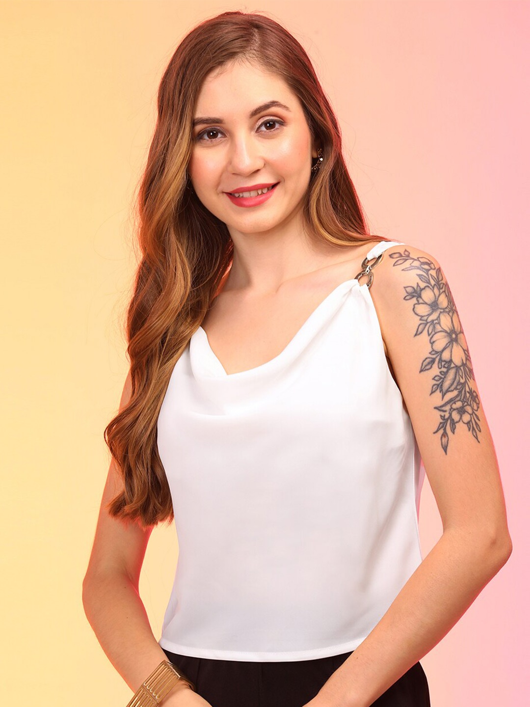 

Globus Women Cowl Neck Strappy Shoulder Crop Top With Metal Buckle Strap, White