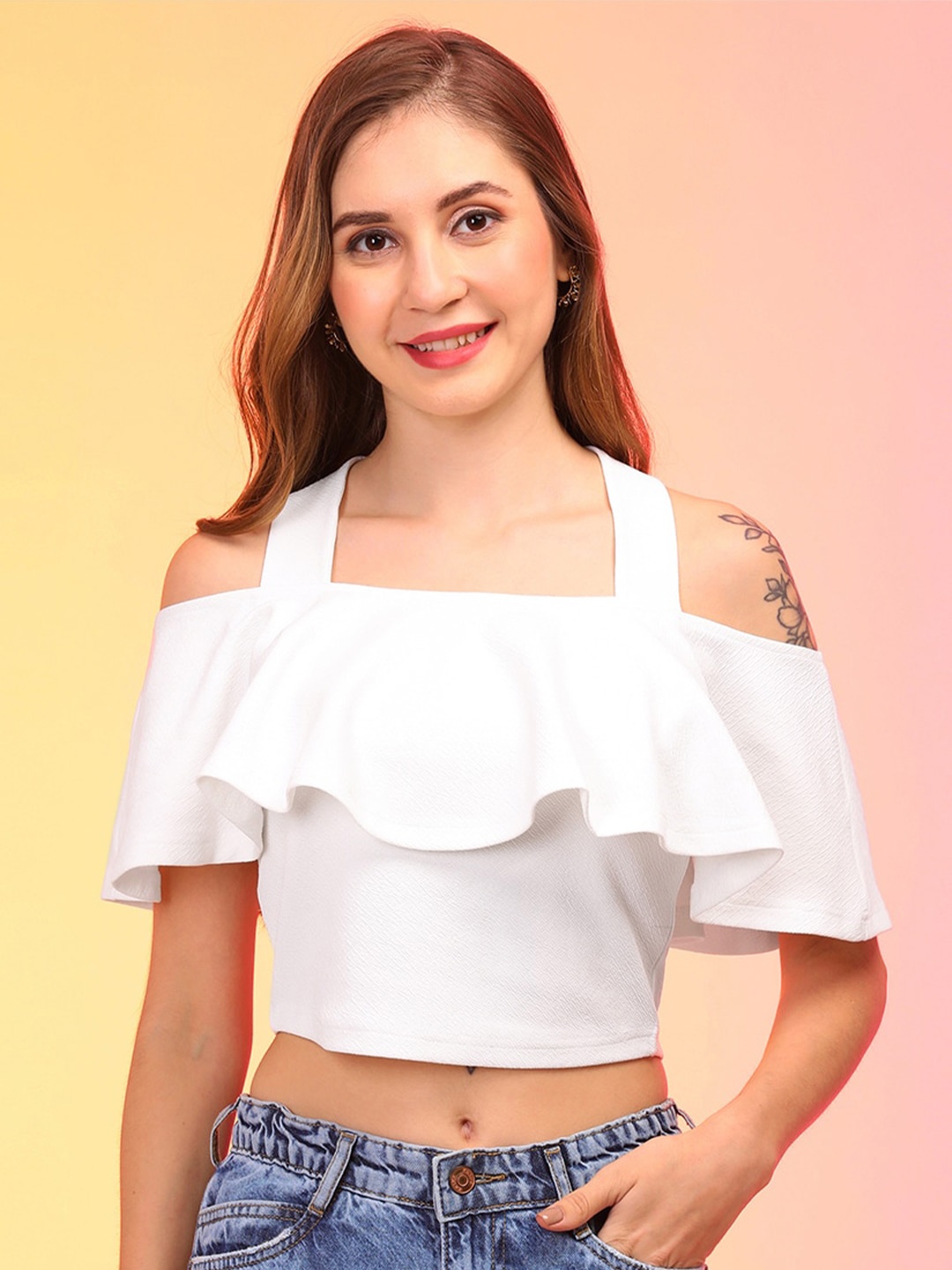 

Globus Women White Off Shoulder Bardot Crop Top