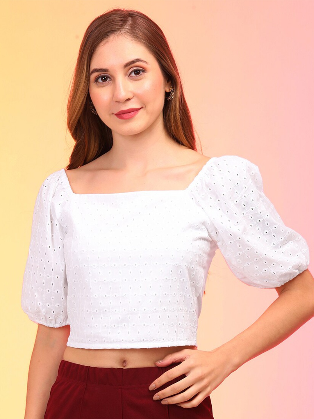 

Globus Puff Sleeve Cotton Schiffli Crop Top, White