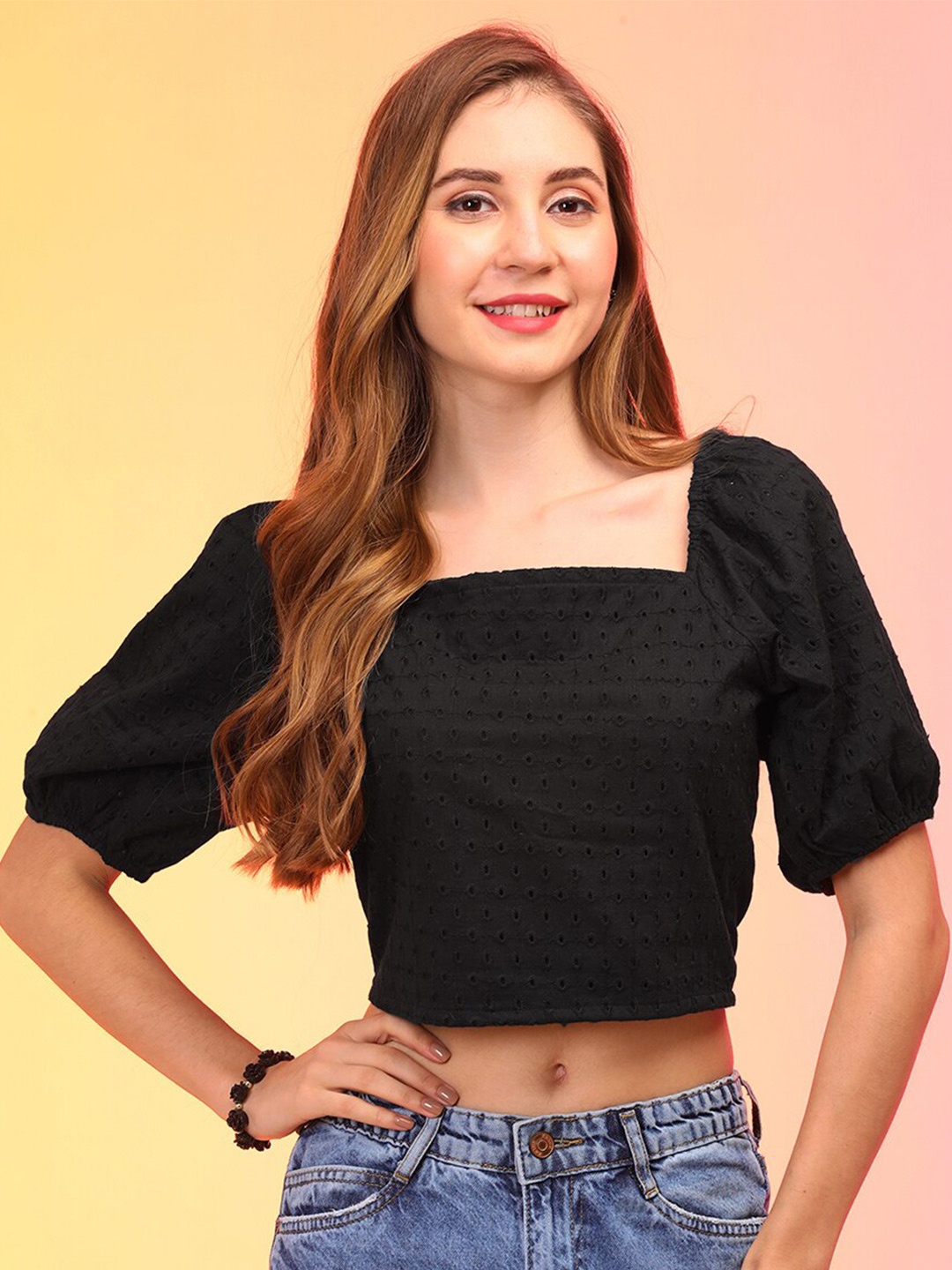 

Globus Puff Sleeve Cotton Schiffli Crop Top, Black
