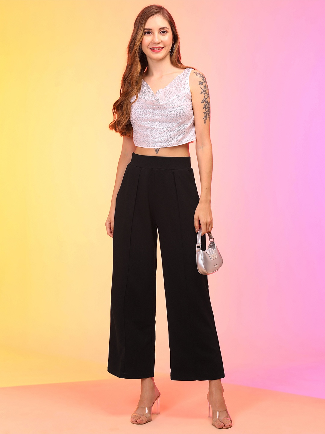 

Globus Women Black Pleated High-Rise Straight Fit Wide Leg Trousers