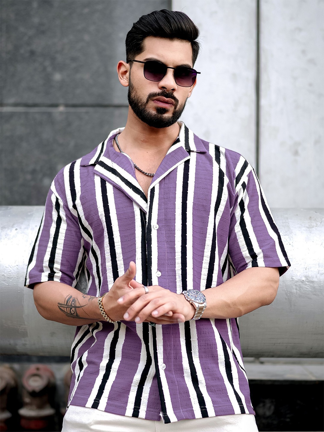 

Maniac Spread Collar Short Sleeves Comfort Oversized Striped Casual Shirt, Purple
