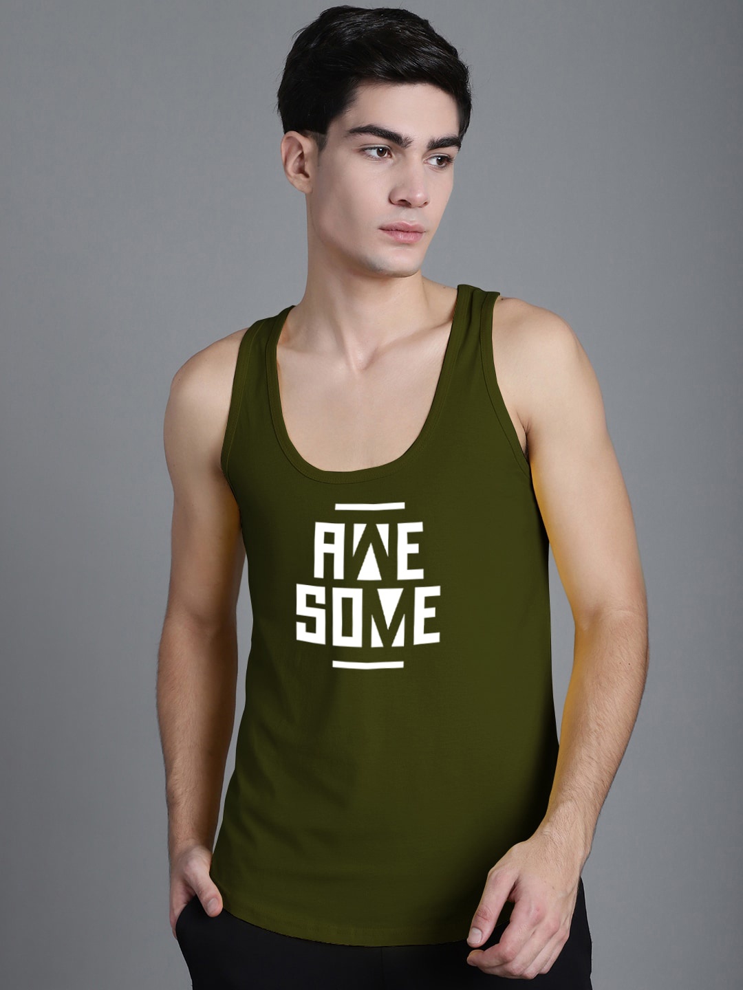 

FBAR Printed Cotton Gym Vest 02042024FBC390-34, Olive