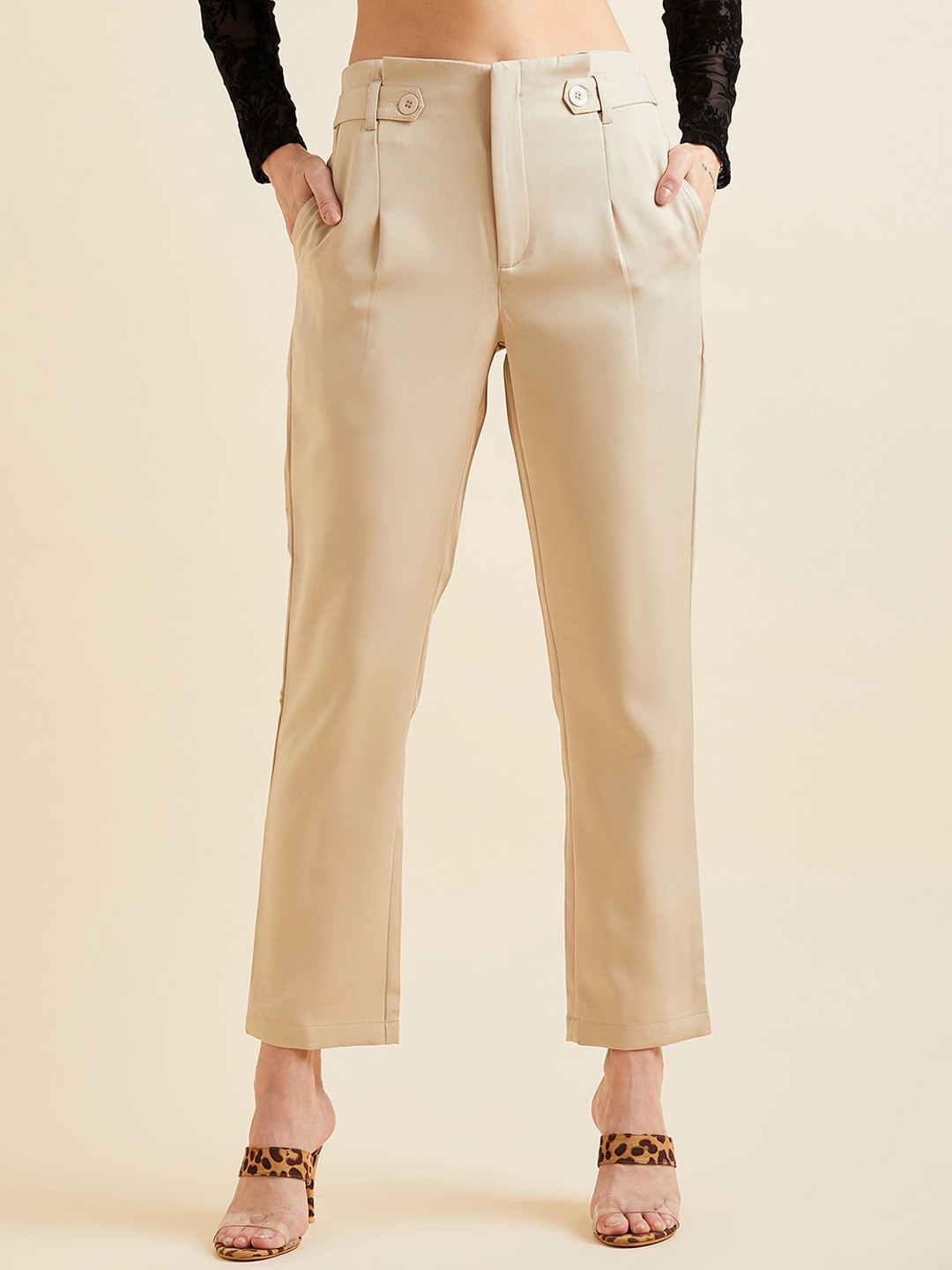 

PANIT Women Smart Straight Fit High Rise Pleated Formal Trousers, Beige