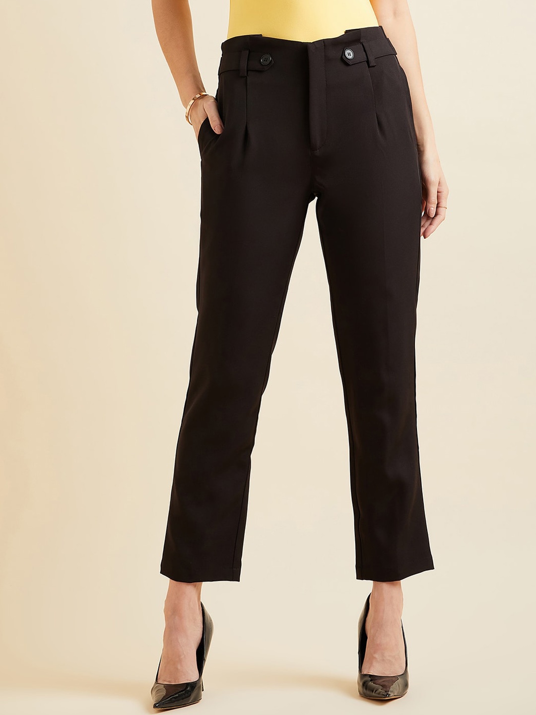 

PANIT Women Smart Straight Fit High Rise Pleated Formal Trousers, Black