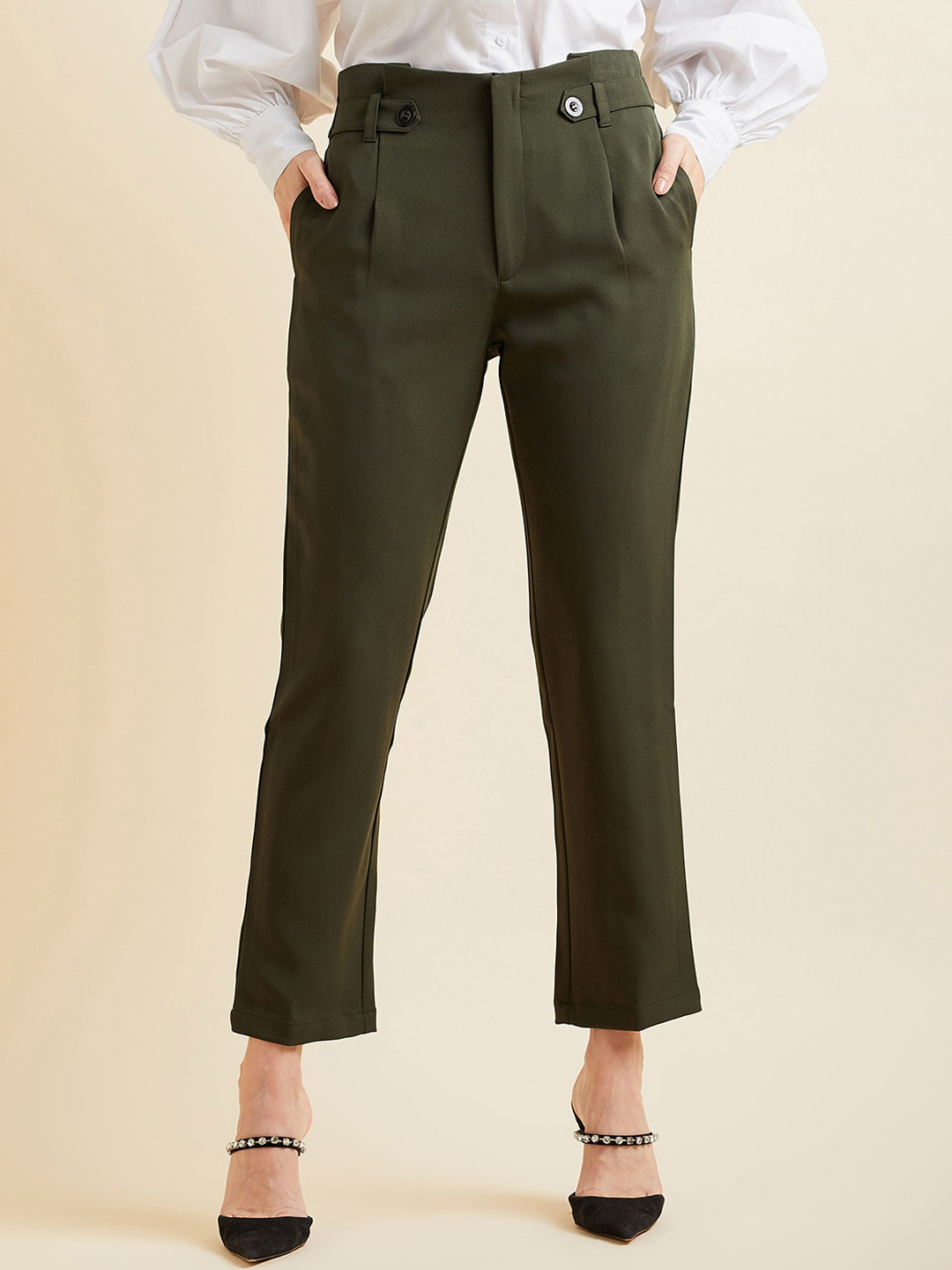 

PANIT Women Smart Straight Fit High Rise Pleated Formal Trousers, Olive