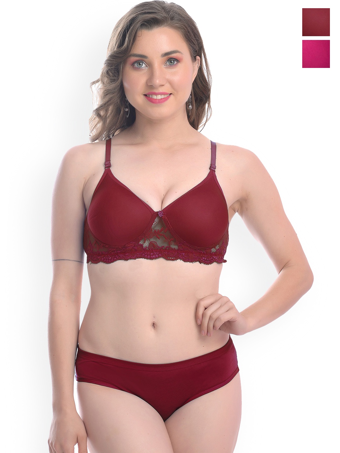 PIBU Pack Of 2 Self-Designed Lace Cotton Lingerie Set, Pink