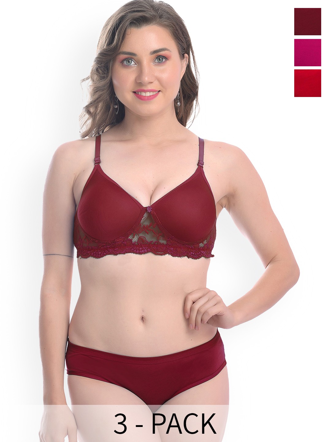 

PIBU Pack of 3 Cotton Lightly Padded Non-Wired Lingerie Set, Red