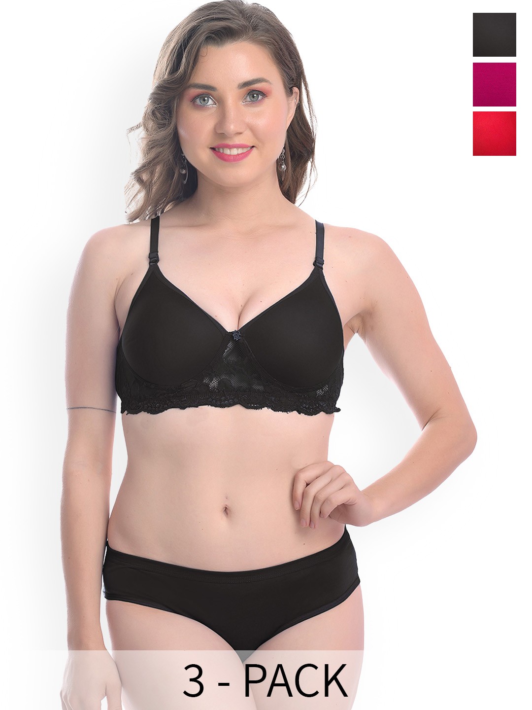 

PIBU Pack Of 3 Self-Designed Lace Lingerie Set F_PDCL Set_R,P,Bl, Red