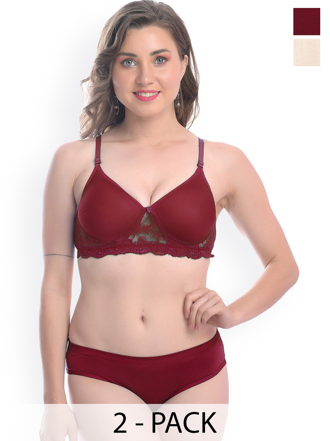 

PIBU Pack of 2 Cotton Lightly Padded Non-Wired Lingerie Set, Maroon