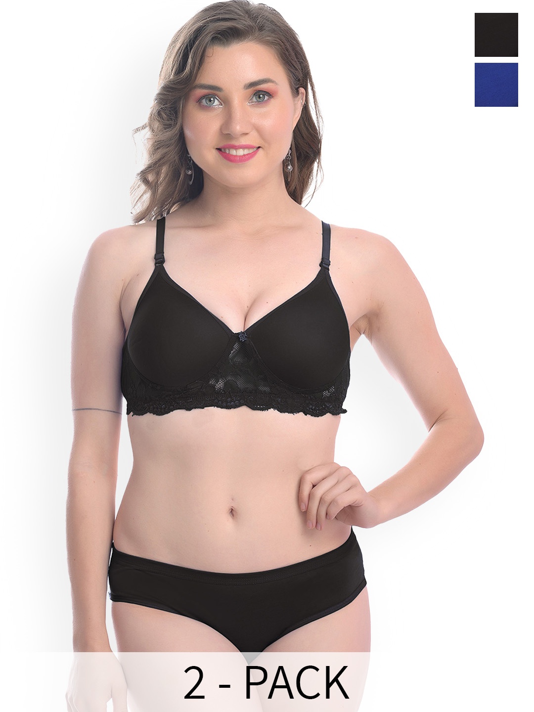 

PIBU Pack of 2 Women Cotton Lightly Padded Non-Wired Lingerie Set, Black