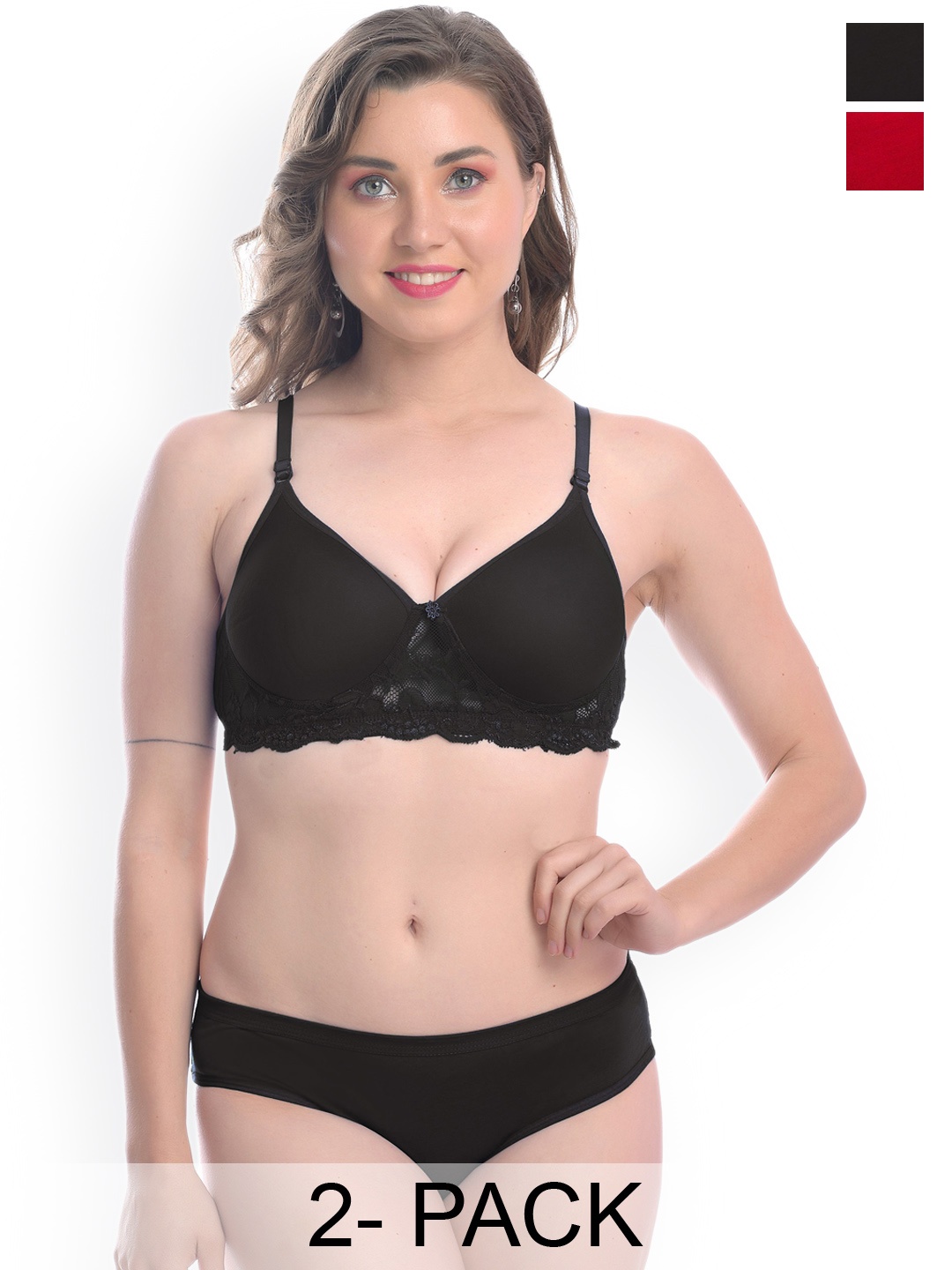 

PIBU Pack Of 2 Cotton Bra Panty Lingerie Set, Red