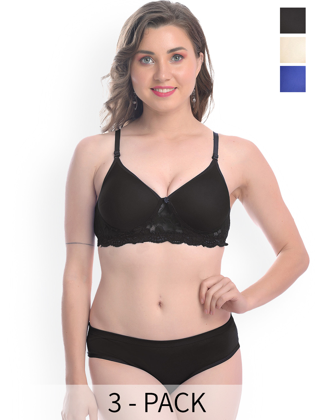 

PIBU Pack Of 3 Self-Designed Lace Lingerie Set F_PDCL Set_Bl,B,Br, Black