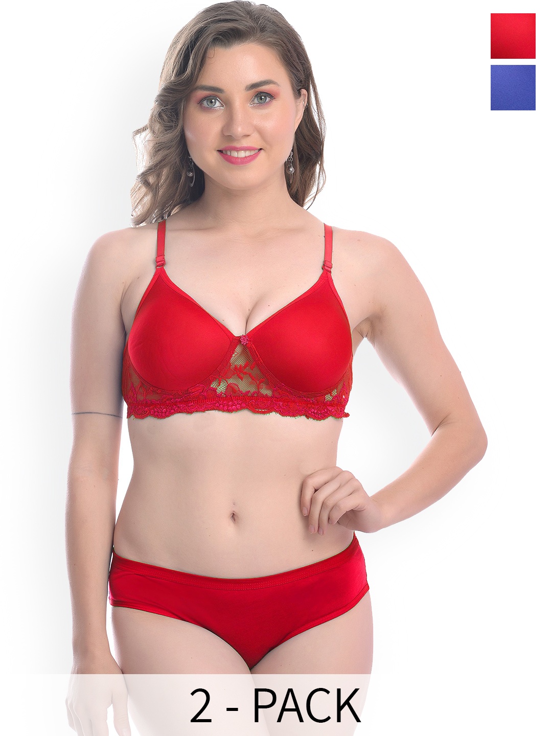 

PIBU Pack Of 2 Cotton Bra Panty Lingerie Set, Red