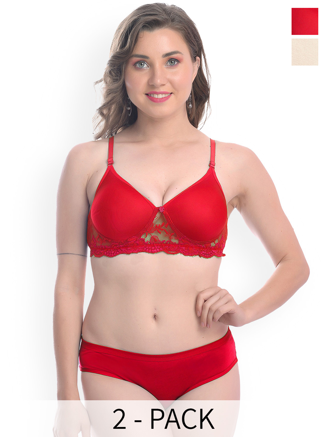 

PIBU Pack Of 2 Cotton Bra Panty Lingerie Set, Red