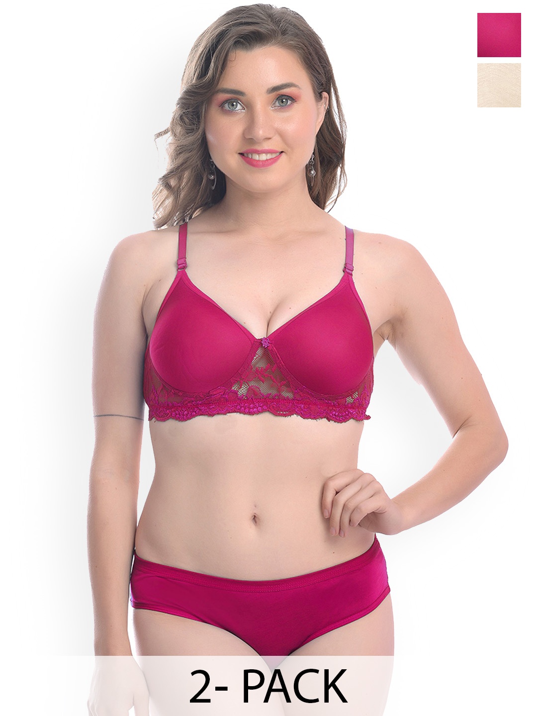 

AROUSY Pack Of 2 Lace Lightly Padded Cotton Lingerie Sets, Pink