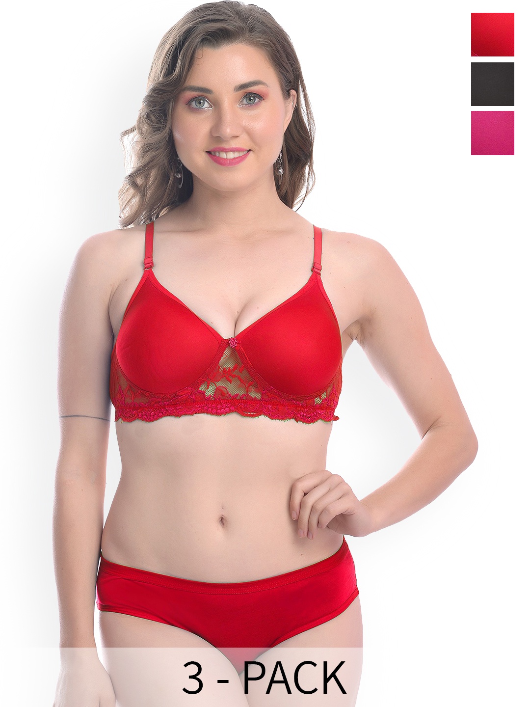 

AROUSY Pack Of 3 Lace Lightly Padded Cotton Lingerie Sets, Red