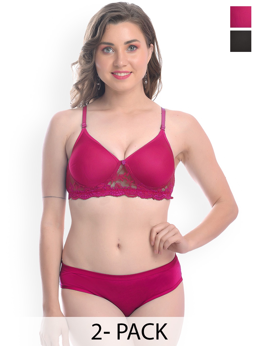 

AROUSY Pack Of 2 Lace Lightly Padded Cotton Lingerie Sets, Pink