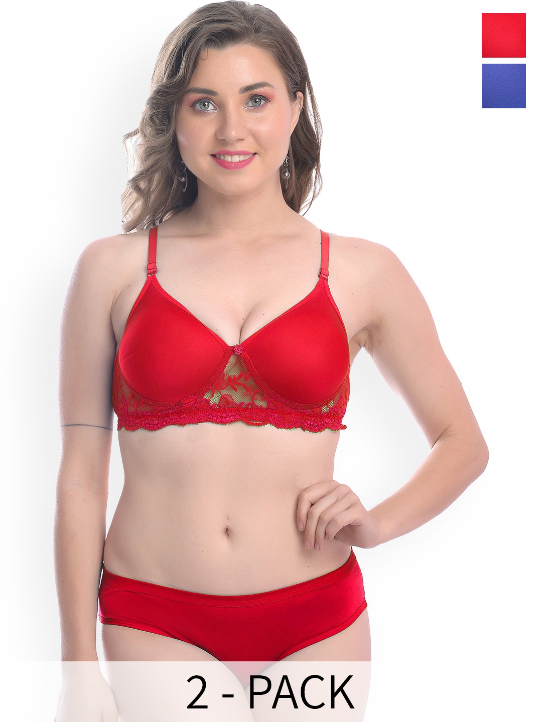 

AROUSY Pack Of 2 Lace Lightly Padded Cotton Lingerie Sets, Red