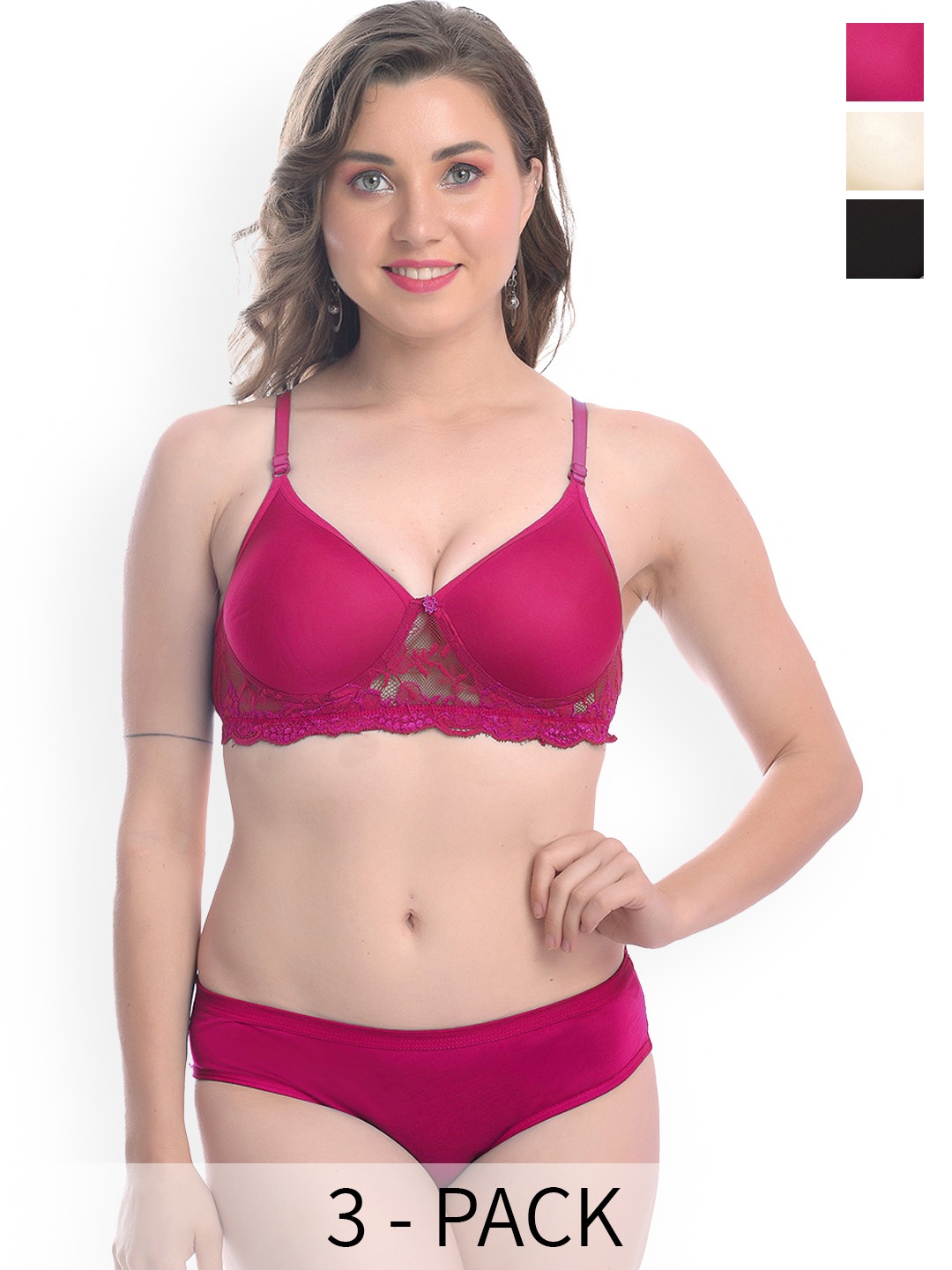

AROUSY Pack Of 3 Self-Designed Lace Lingerie Set, Pink