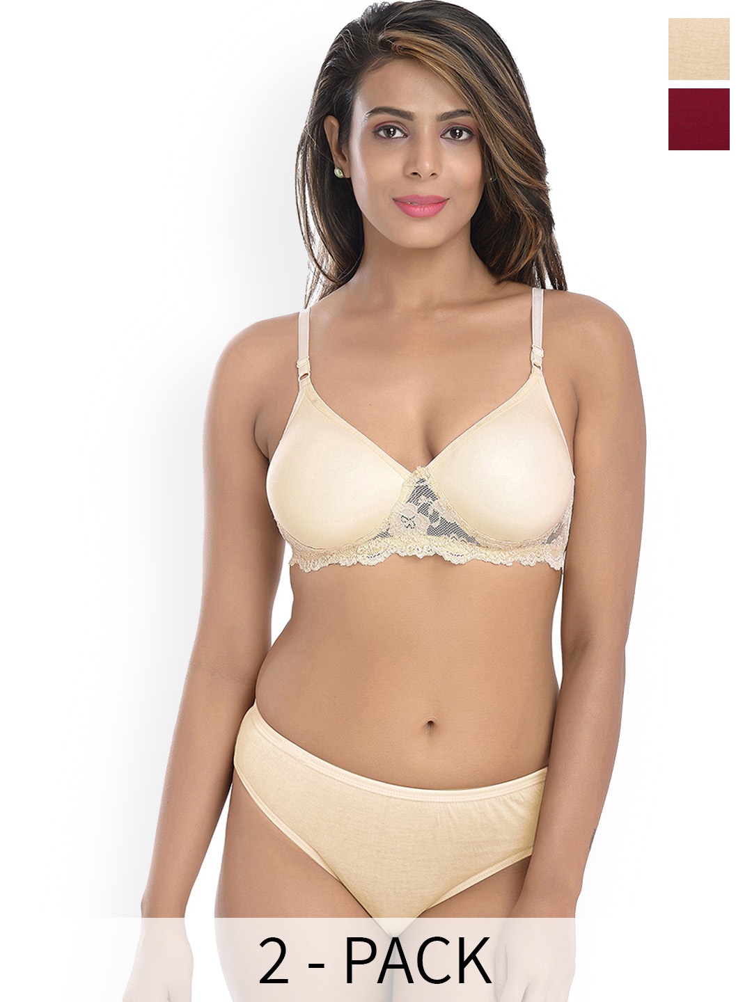 

AROUSY Pack Of 2 Lace Lightly Padded Cotton Lingerie Sets, Maroon