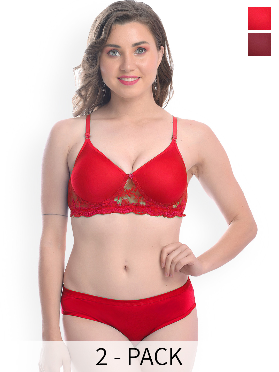 

AROUSY Pack Of 2 Self-Designed Lace Lingerie Set, Red