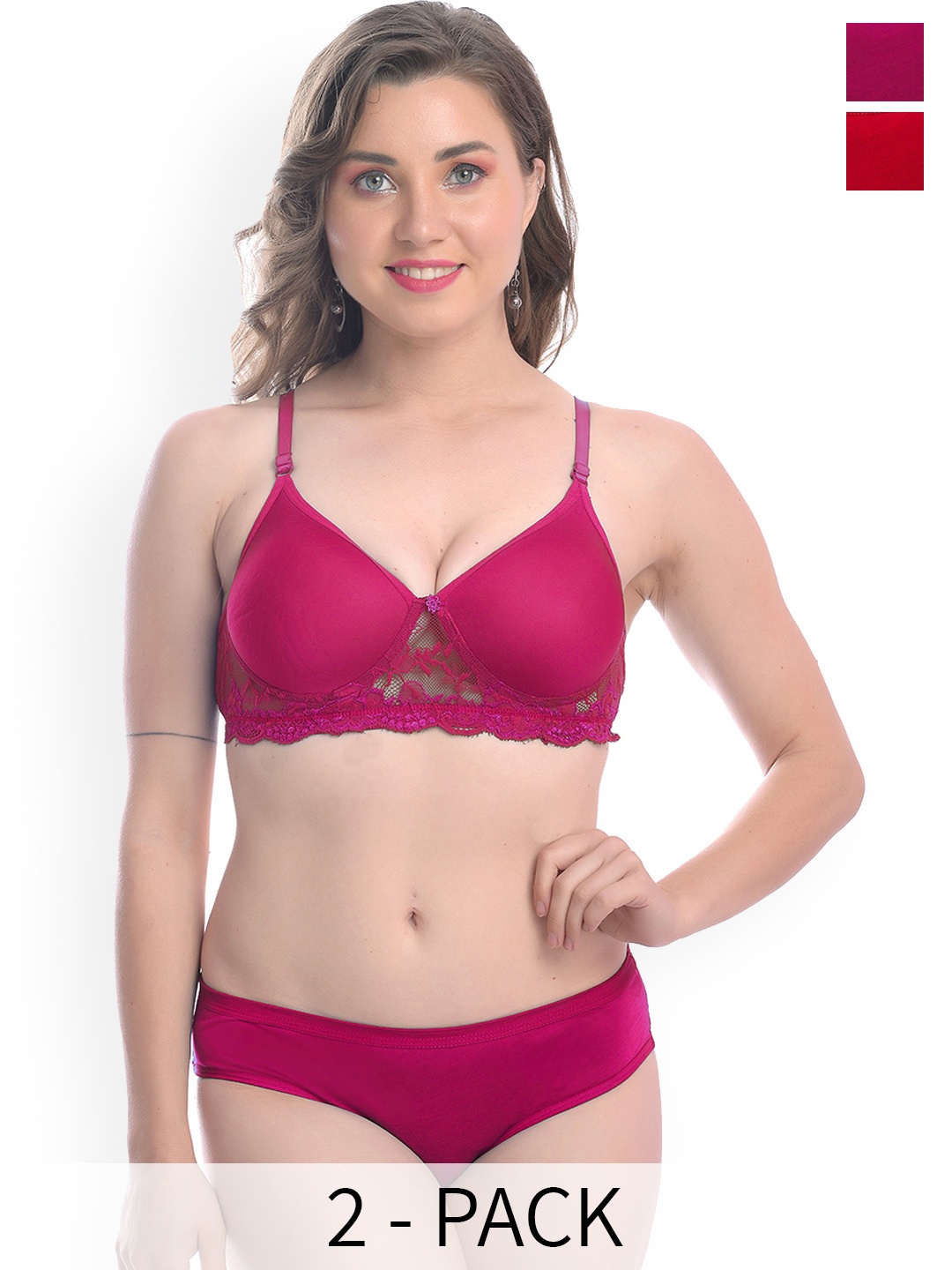 

AROUSY Pack Of 2 Self-Designed Lace Lingerie Set, Red